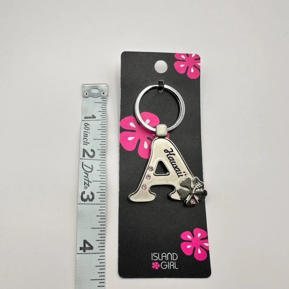 VTG 90s‎ Island Girl Silver Tone Hawaii Initial A Keychain Pink Glass Hibiscus